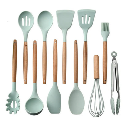 Premium silicone kitchenware set with wooden handle, ideal for cooking and baking