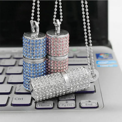 Crystal cylinder lipstick USB flash drive with metal shell, USB 2.0, 8GB, 5.8cm by 1.8cm, red blue pink silver options