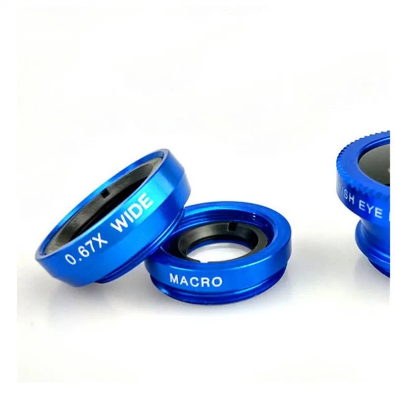 3 in 1 smartphone lens kit with fisheye, wide angle and macro functions in aluminium alloy cases