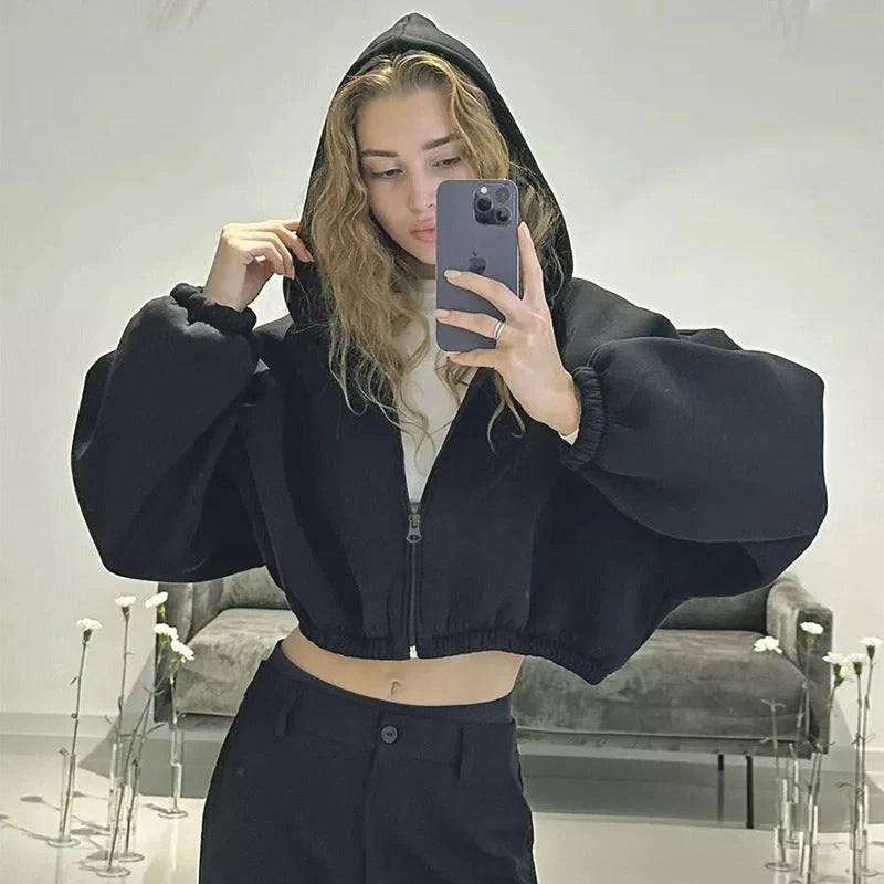 Women's solid colour hooded zip-up cardigan in various colours