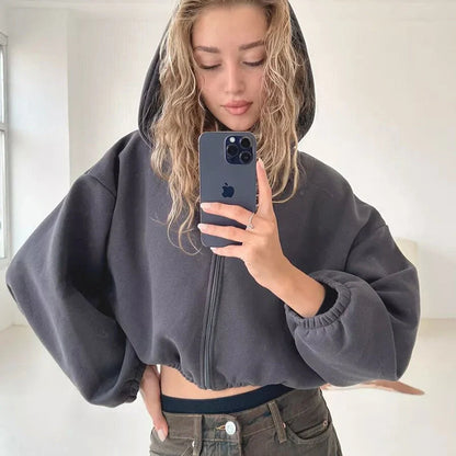 Women's solid colour hooded zip-up cardigan in various colours
