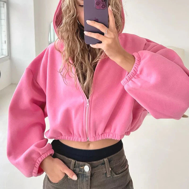 Women's solid colour hooded zip-up cardigan in various colours