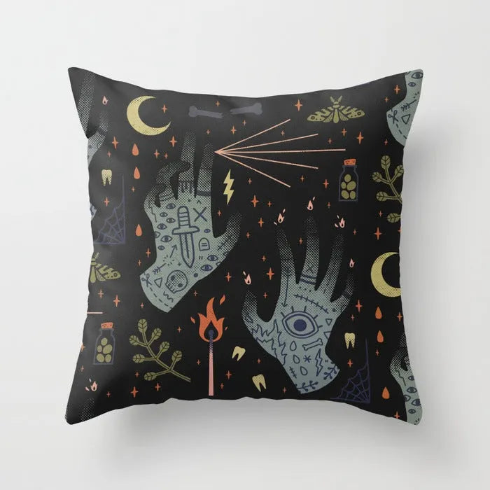 Halloween-themed cartoon print cushion cover on a sofa, 45x45 cm size.