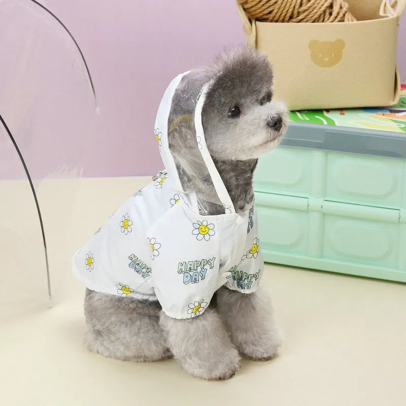 Transparent dog raincoat with small flower pattern and pull ring traction system