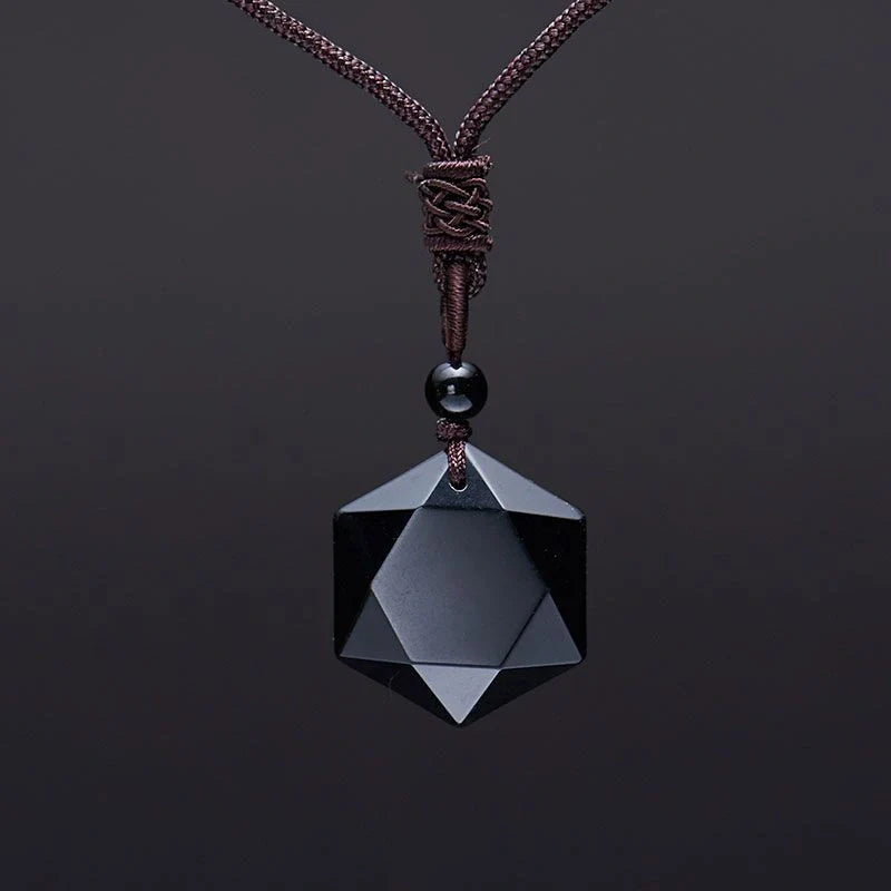 Handcrafted obsidian six-pointed star sweater chain, a unique fashion accessory