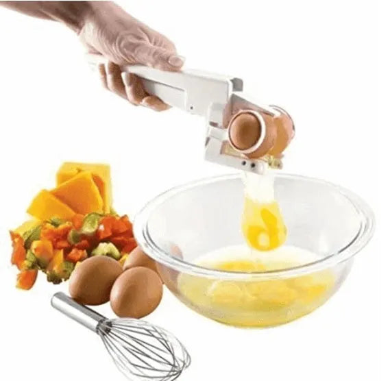 White handheld egg cracker and separator kitchen tool with curved plastic design