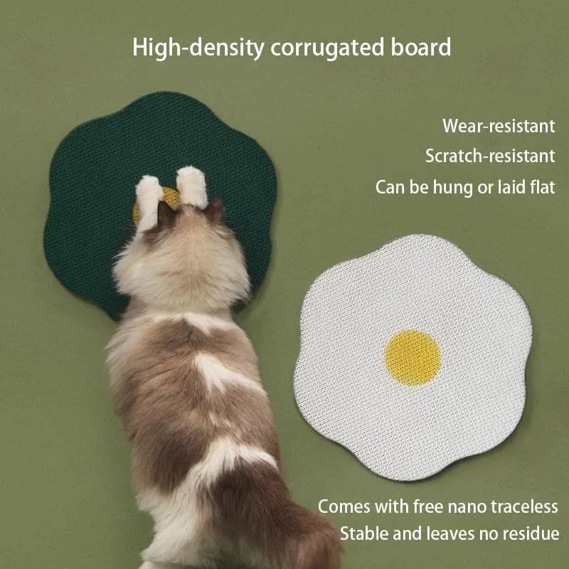 Grey wall-mounted corrugated cat scratching board attached to a door with nano adhesive.