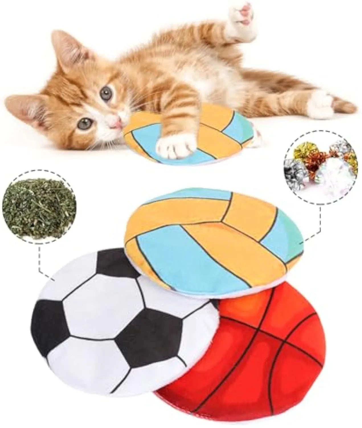 Soft plush cat flying disc toy with sports ball print, containing catnip and a crinkle layer, measuring 5cm.