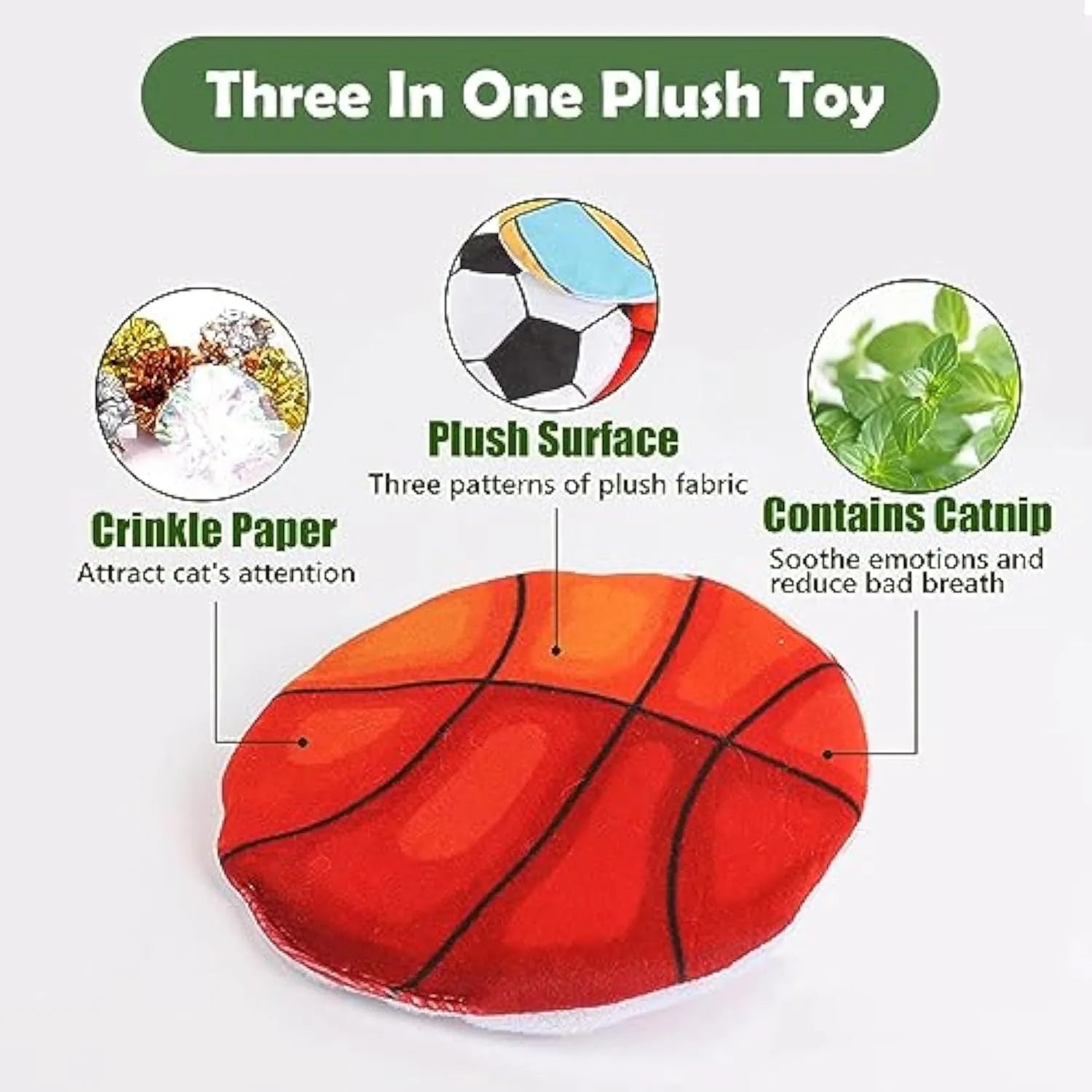 Soft plush cat flying disc toy with sports ball print, containing catnip and a crinkle layer, measuring 5cm.