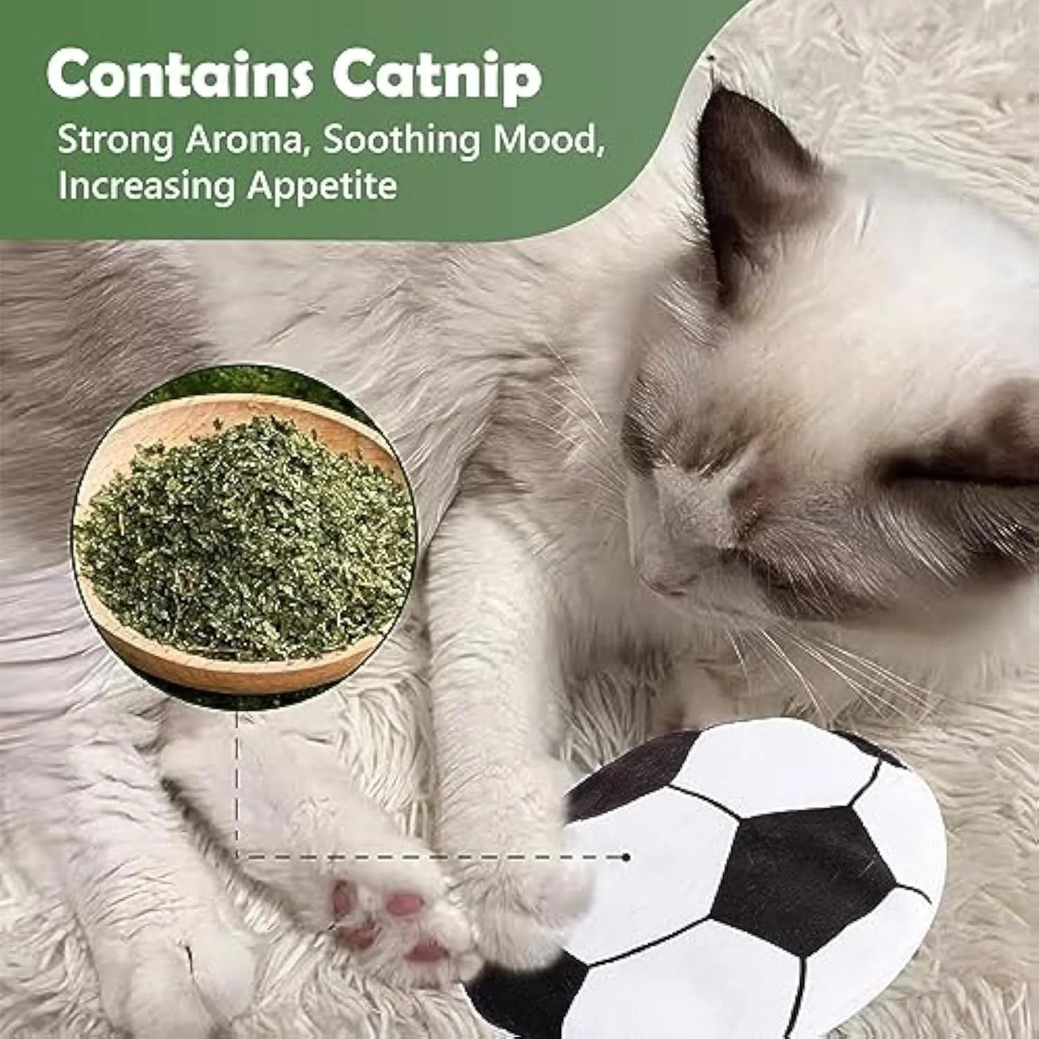 Soft plush cat flying disc toy with sports ball print, containing catnip and a crinkle layer, measuring 5cm.