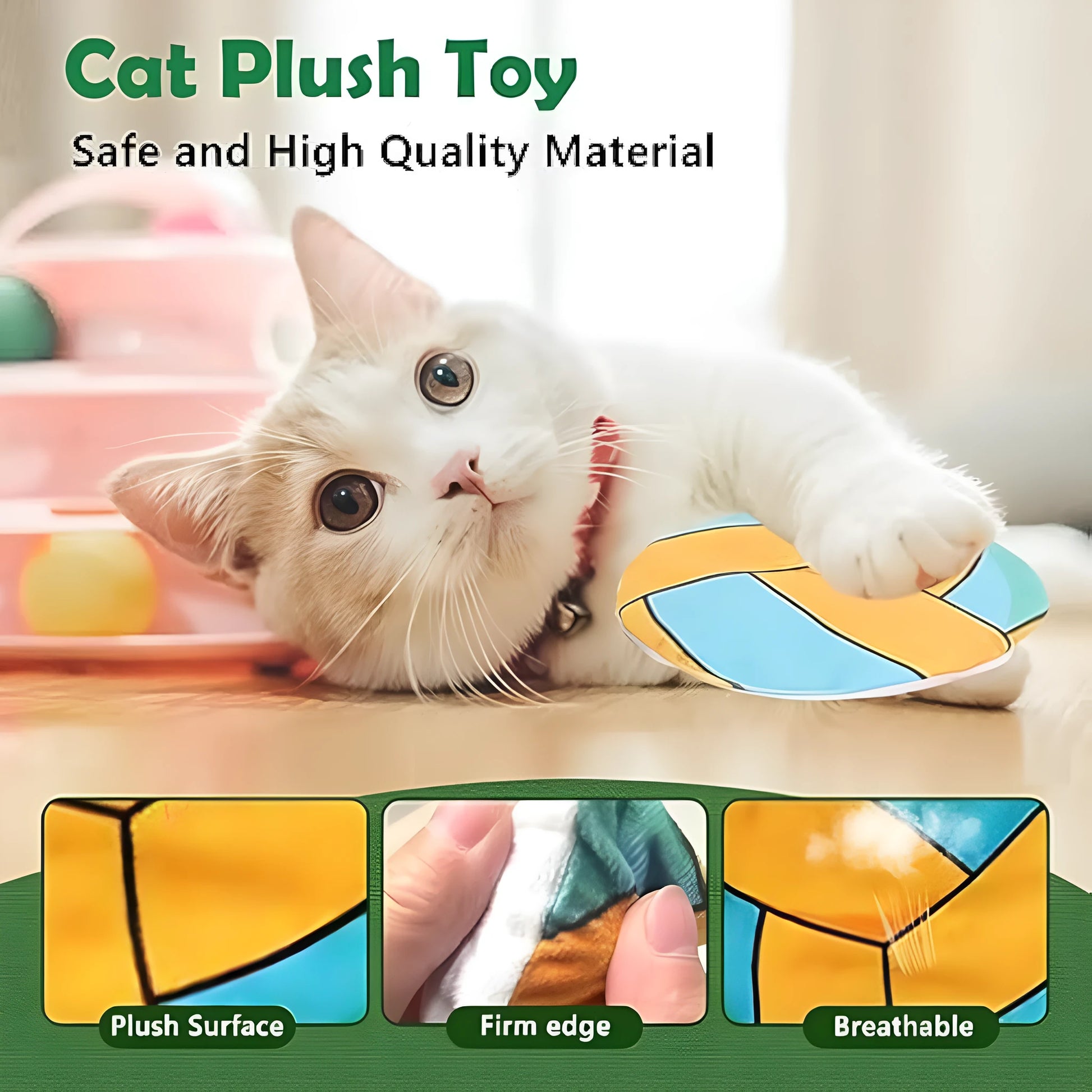 Soft plush cat flying disc toy with sports ball print, containing catnip and a crinkle layer, measuring 5cm.