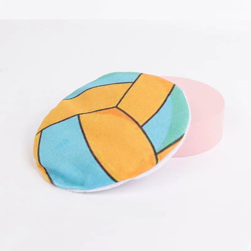 Soft plush cat flying disc toy with sports ball print, containing catnip and a crinkle layer, measuring 5cm.