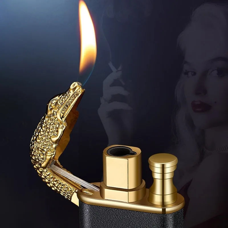 Metal windproof lighter with double flame and dragon design, showing flame from mouth.