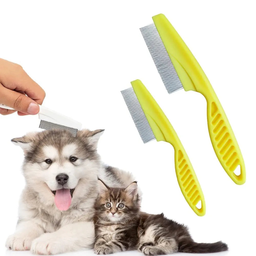 Multifunctional pet comb with fine-tooth stainless steel head, non-slip handle, washable body, in Blue, Rose Red, or White.