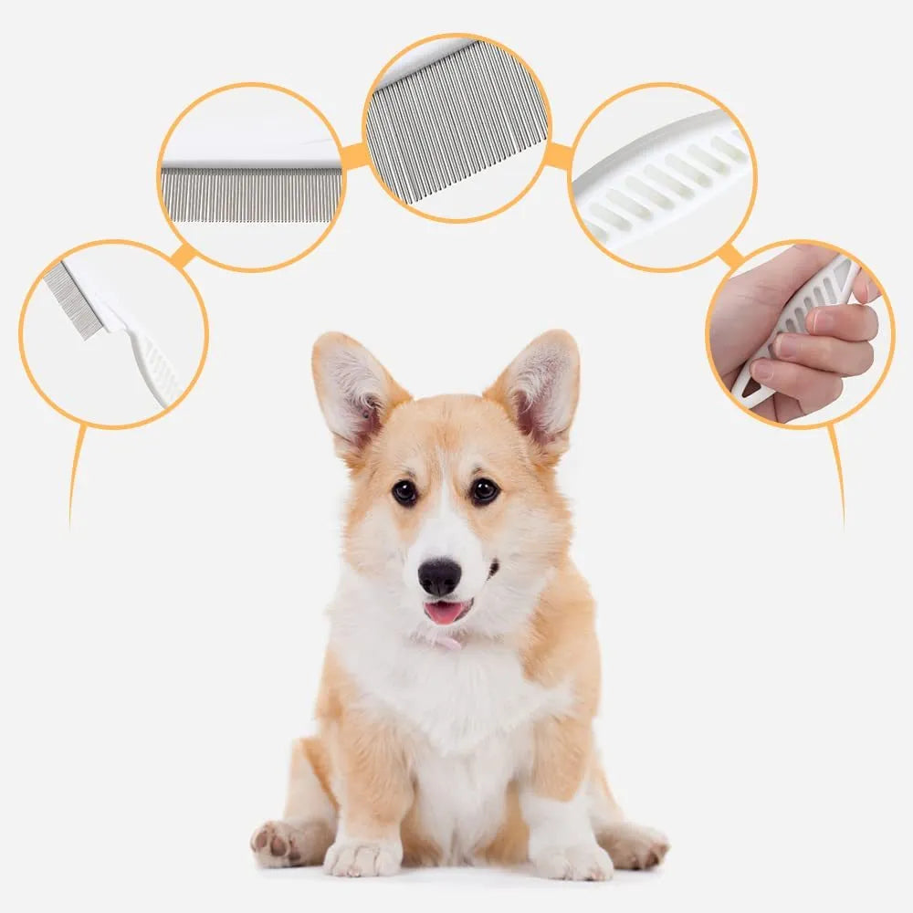 Multifunctional pet comb with fine-tooth stainless steel head, non-slip handle, washable body, in Blue, Rose Red, or White.