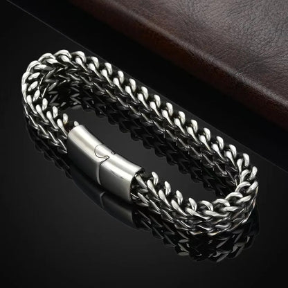 Silver stainless steel hip hop bracelet with geometric pattern showing front and back design