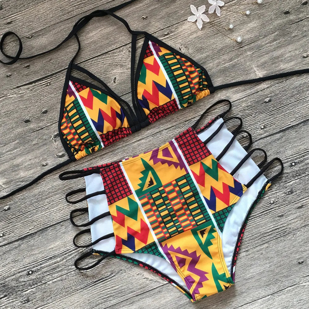 Women's digital print high-waisted bikini set with backless top and split briefs.