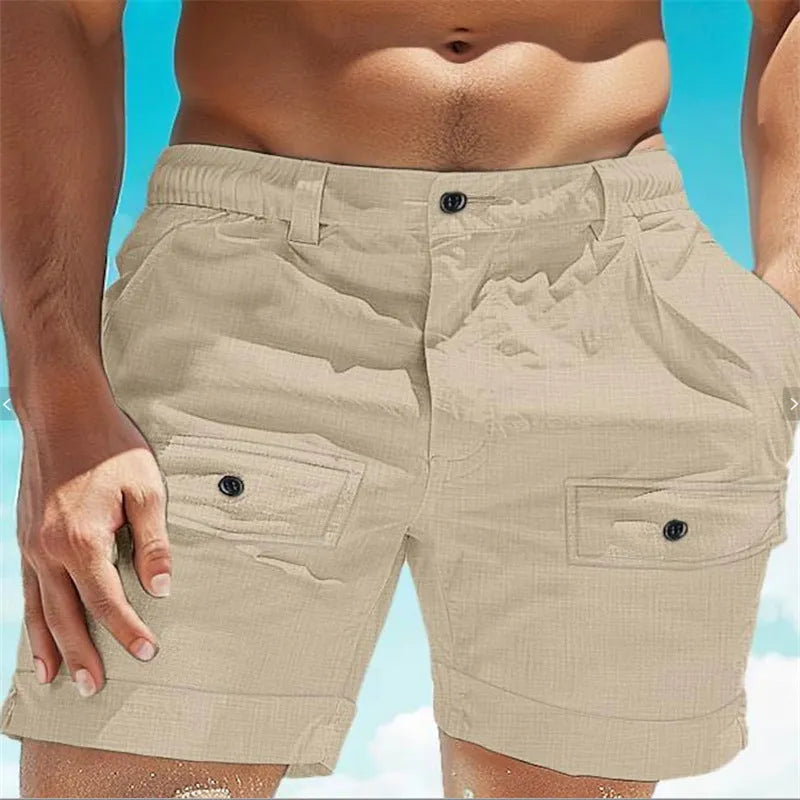 Men's linen elastic waist shorts with button pocket in straight fit white or khaki colours