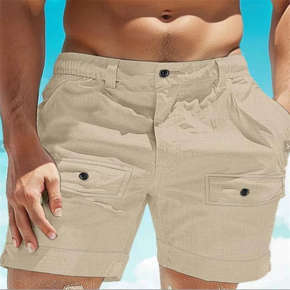 Men's linen elastic waist shorts with button pocket in straight fit white or khaki colours