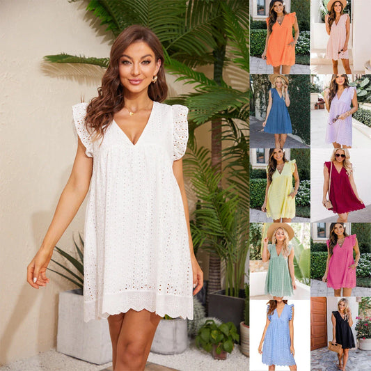 Stylish summer beach dress with lace accents, pockets, and a variety of vibrant color options