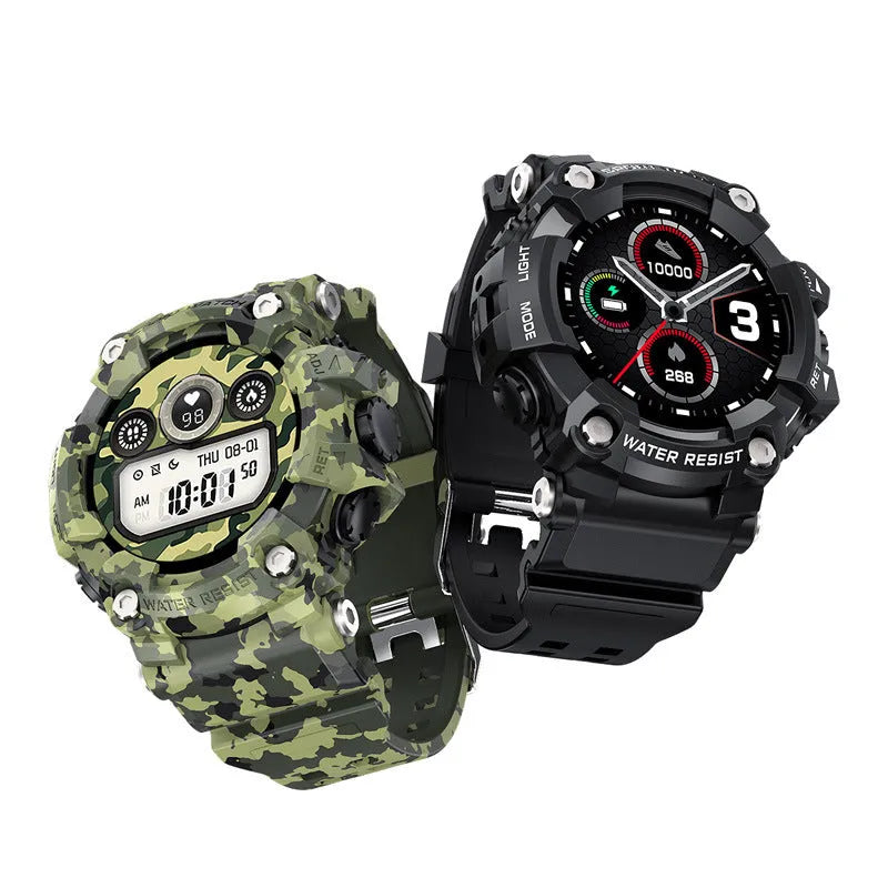Black T6 tactical rugged smart watch with alloy case and 1.3-inch screen on wrist