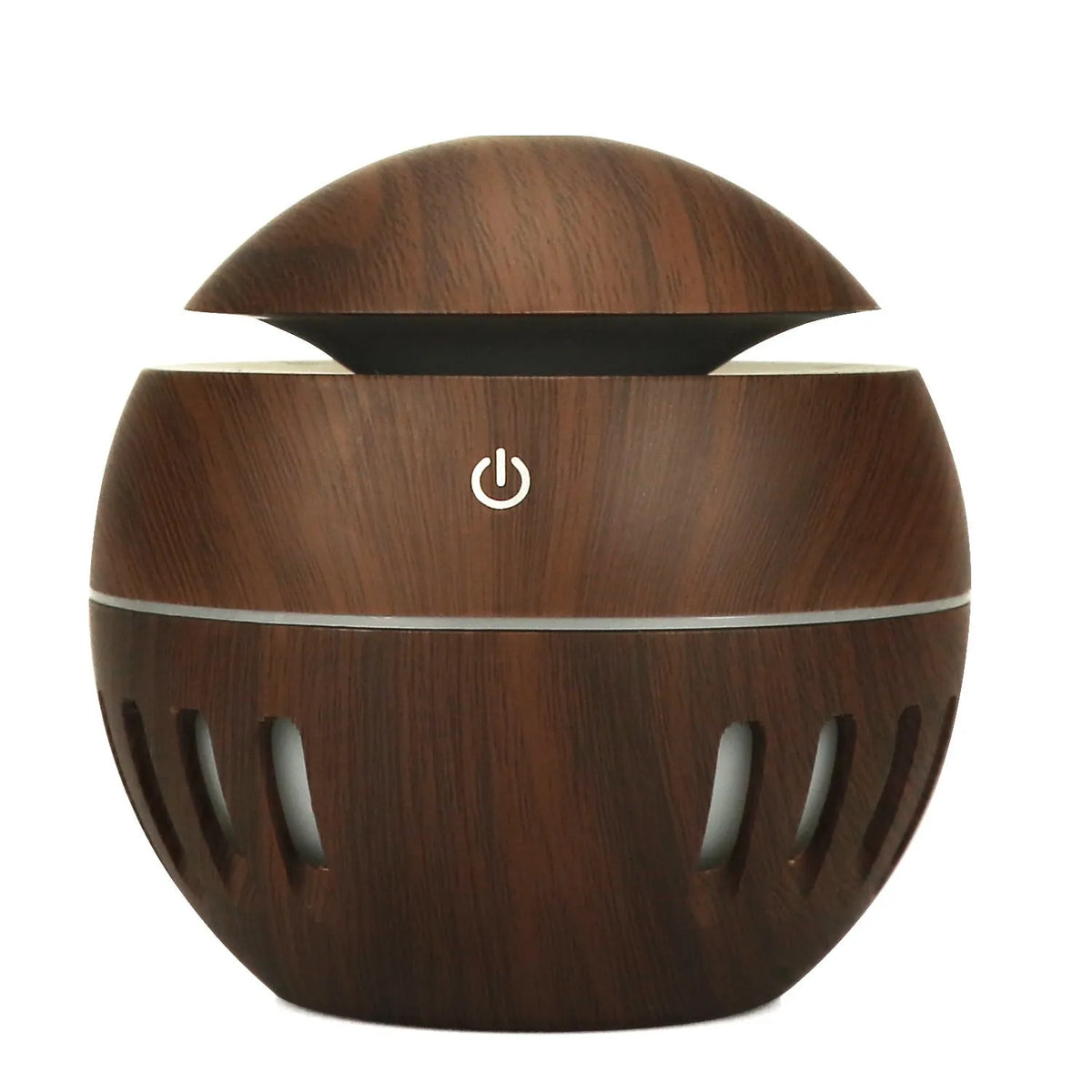 Portable USB humidifier in dark wood, light wood or white with 1 litre water tank and single fog outlet.