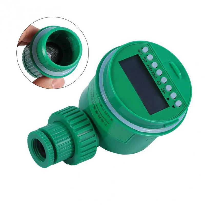 Green automatic watering timer for drip irrigation systems with household water flow compatibility
