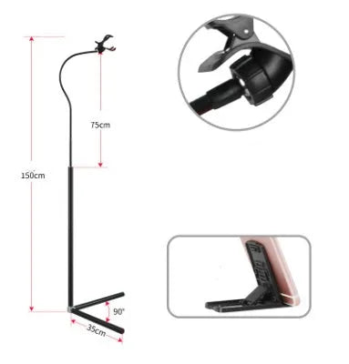 Mobile phone bed bracket with overhead shelf for bedside TV viewing in black and white colour options
