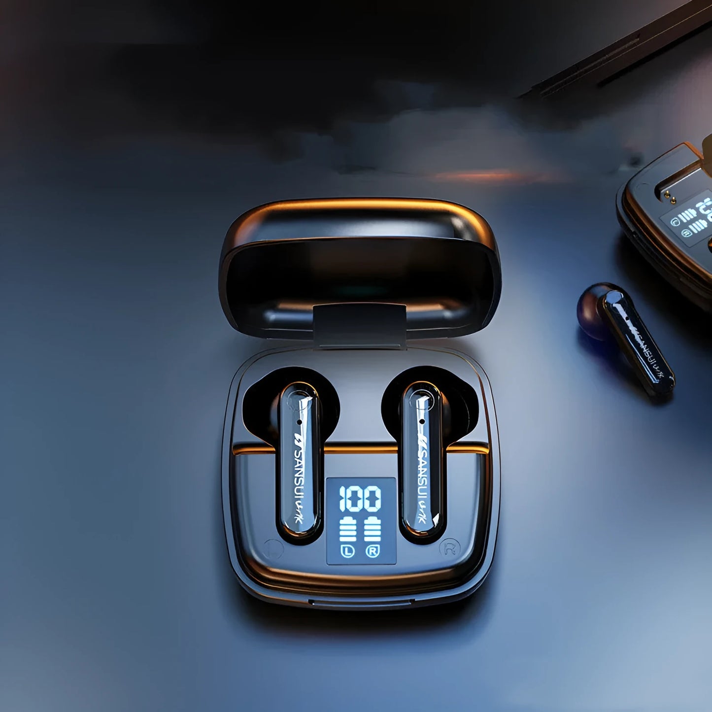 Wireless Bluetooth earphones in dark night black colour with semi-in-ear design and digital battery display