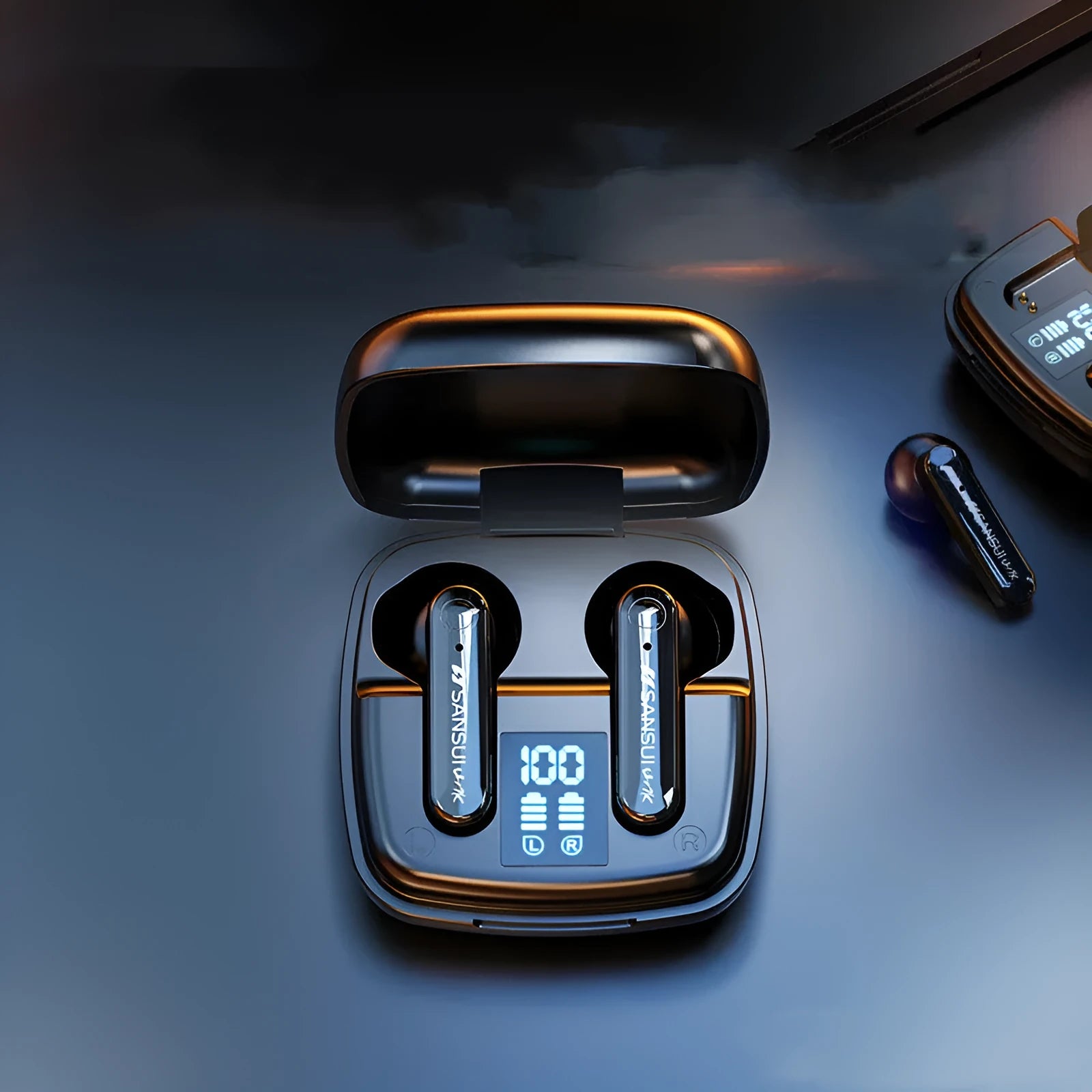Wireless Bluetooth earphones in dark night black colour with semi-in-ear design and digital battery display