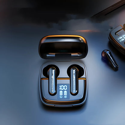 Wireless Bluetooth earphones in dark night black colour with semi-in-ear design and digital battery display