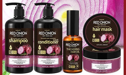 Red onion shampoo and conditioner four-piece set with hair mask and essential oil bottles
