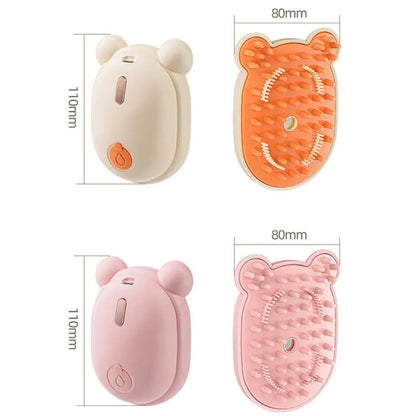Pink and yellow rechargeable pet grooming comb with detachable head and spray function.