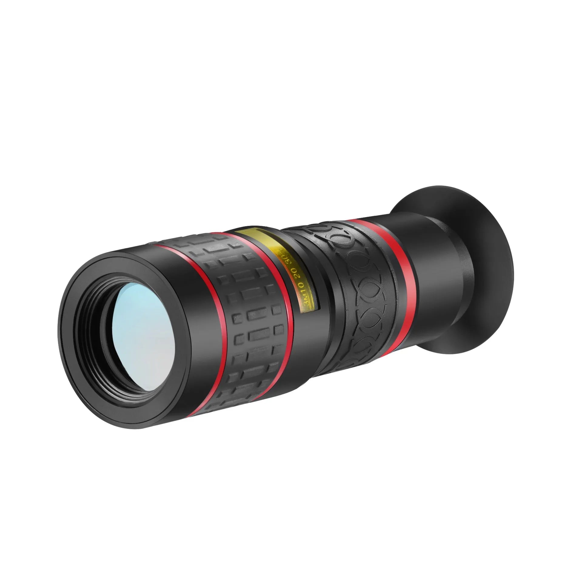 20x magnification smartphone telescope lens with universal mounting clip and eye mask on a white background.