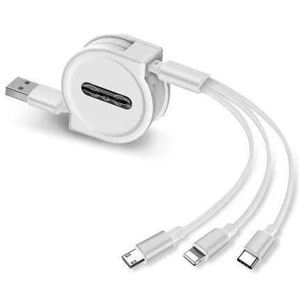 Black telescopic 3-in-1 charging cable with titanium alloy connectors extended on a white background.