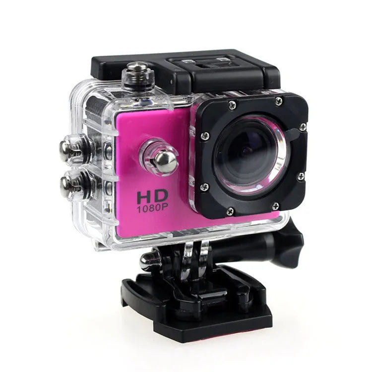 White waterproof sports camera next to its waterproof case and mounting accessory.