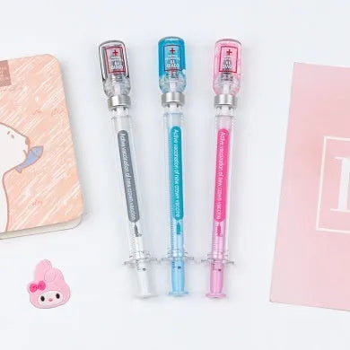 Vaccine pen gel pen with creative design, 15.7cm plastic cap construction, uses 0.5mm black needle tube refill for student writing and brush lettering