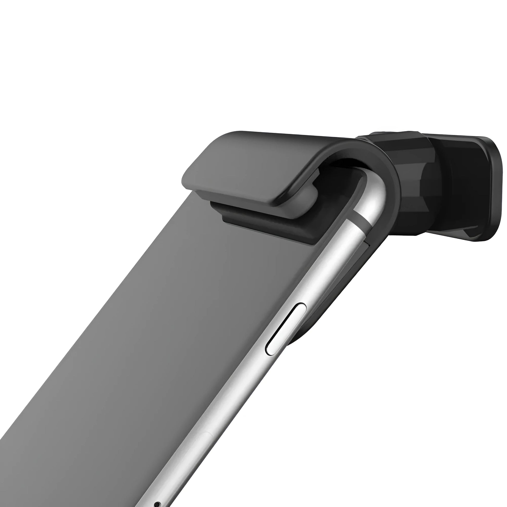 Black universal car phone holder with 360-degree rotation mounted on a car dashboard, holding a mobile phone.