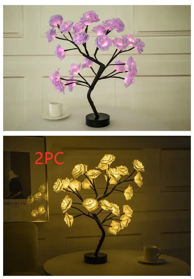 White and red rose flower LED lamp on a table with bonsai tree shape and warm white glow.