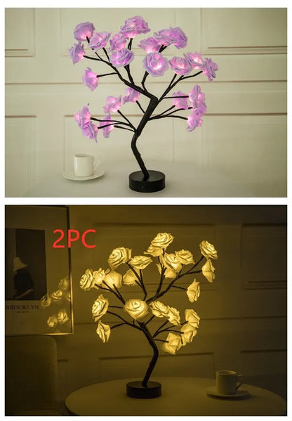 White and red rose flower LED lamp on a table with bonsai tree shape and warm white glow.