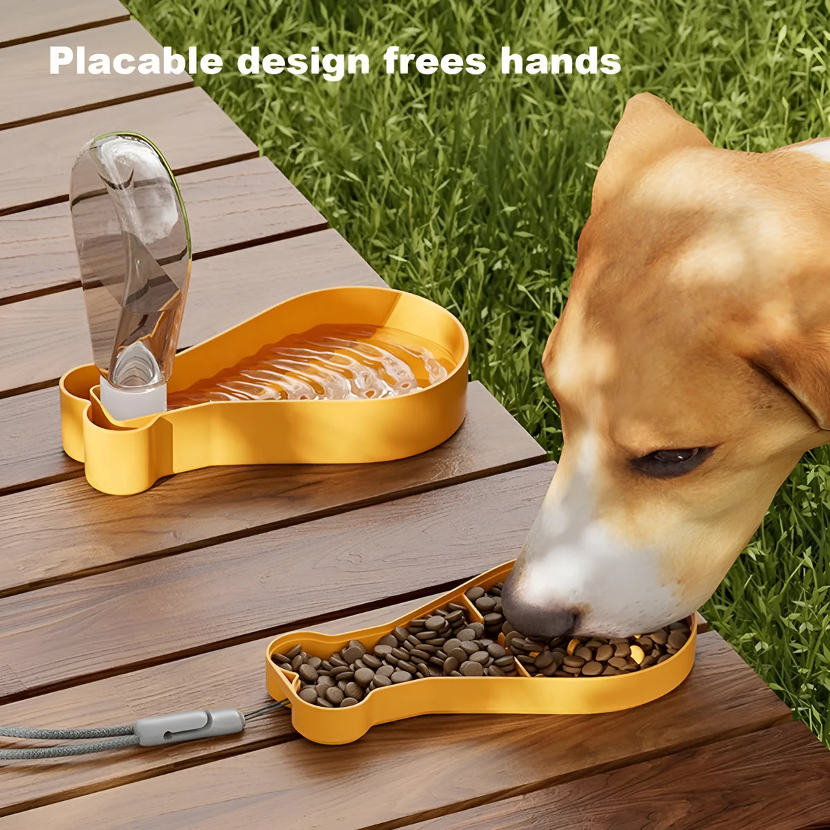 Orange and white portable pet water bottle with attached food container and carry sling.