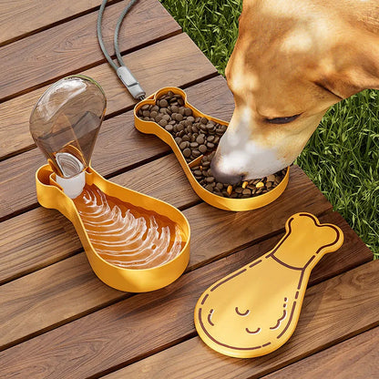 Orange and white portable pet water bottle with attached food container and carry sling.