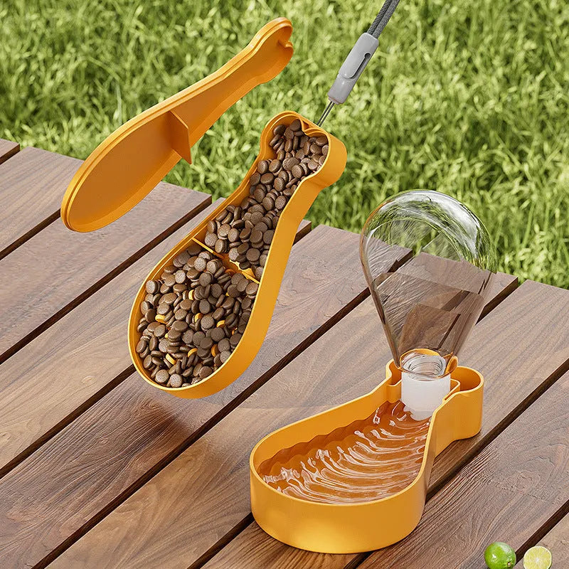 Orange and white portable pet water bottle with attached food container and carry sling.