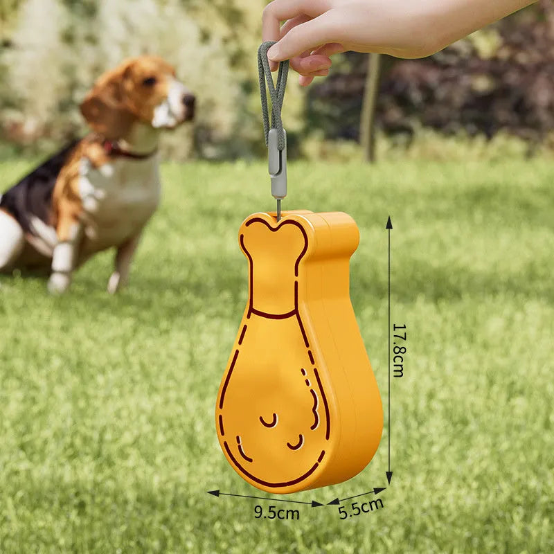 Orange and white portable pet water bottle with attached food container and carry sling.