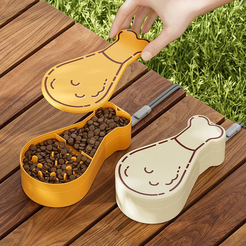 Orange and white portable pet water bottle with attached food container and carry sling.