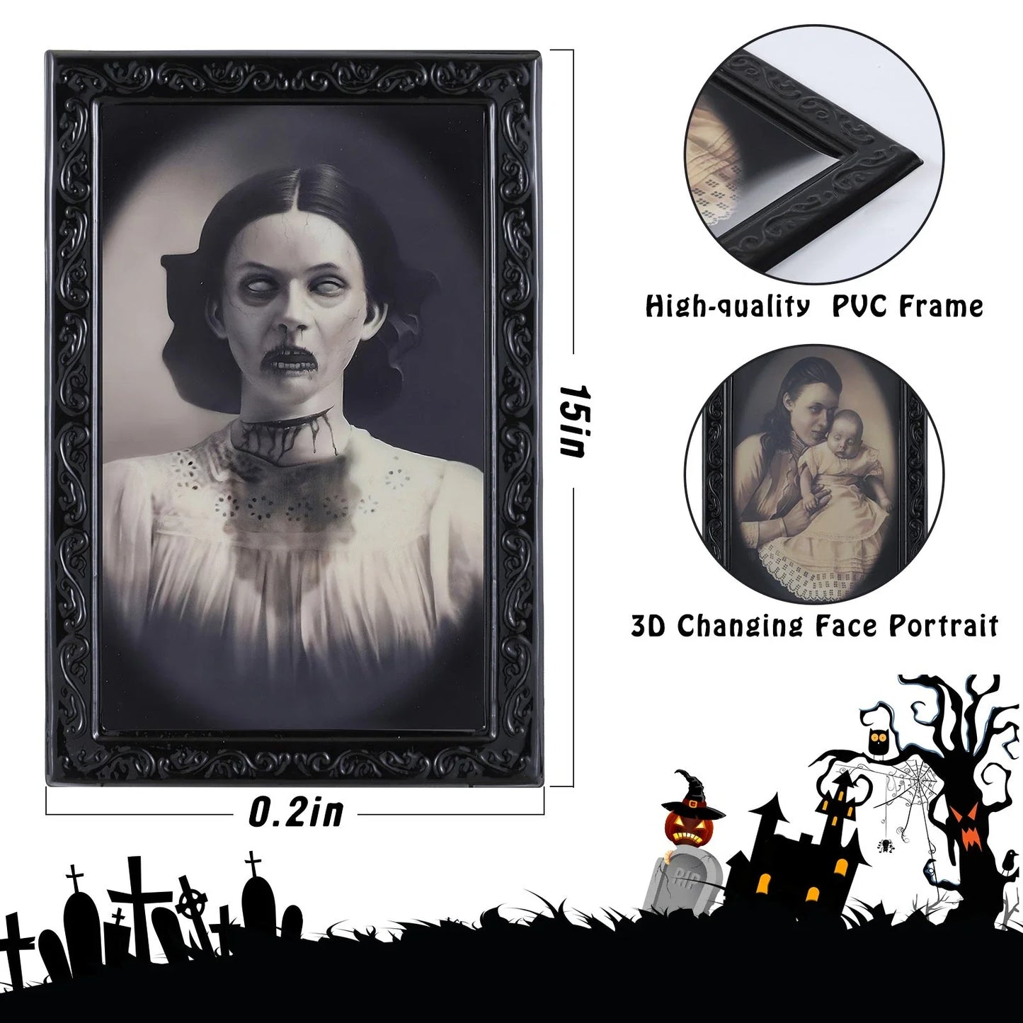 Spooky 3D changing face Halloween picture frame with realistic ghostly figure design