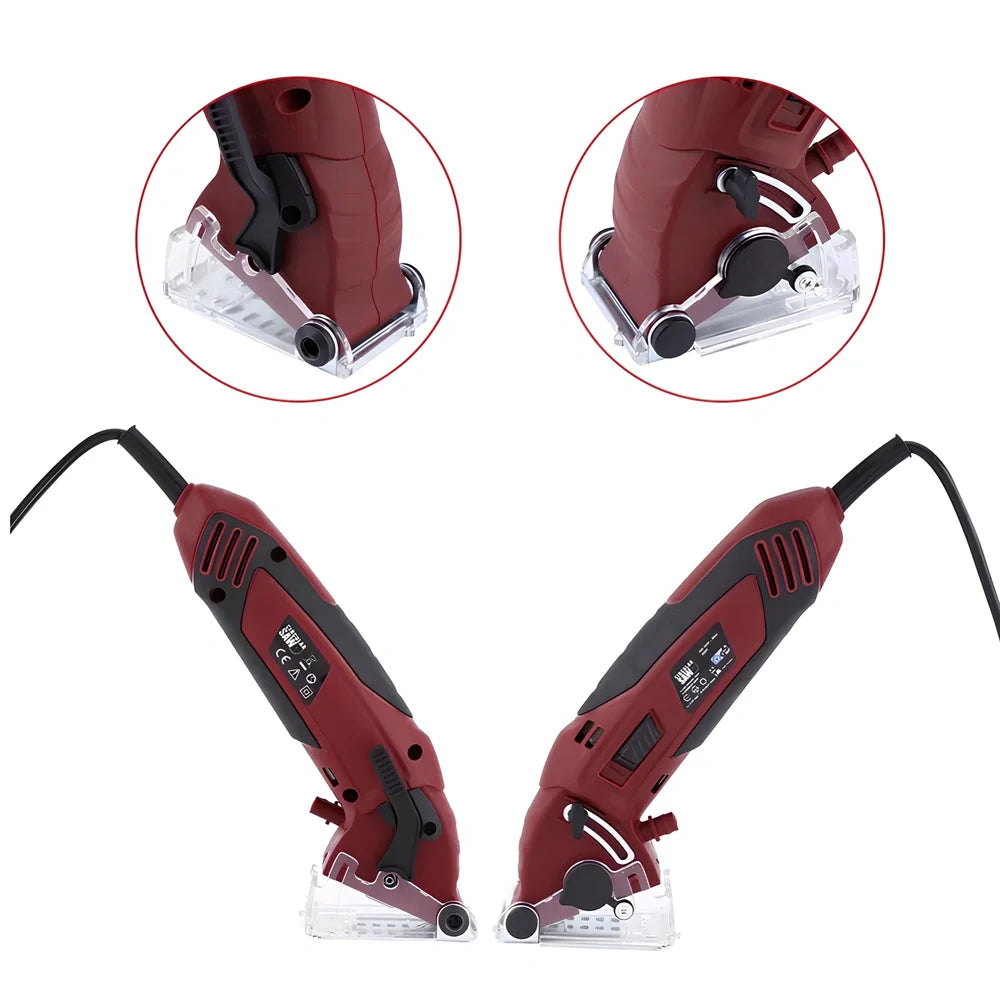ROTORAZER SAW handheld cutting tool with parallel rail accessory showing blade and adjustment mechanisms