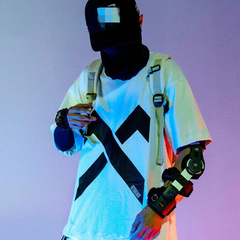 Cyberpunk-inspired elbow support brace with sleek black design, lightweight aluminium alloy construction, and soft shoulder pads for enhanced comfort and stability