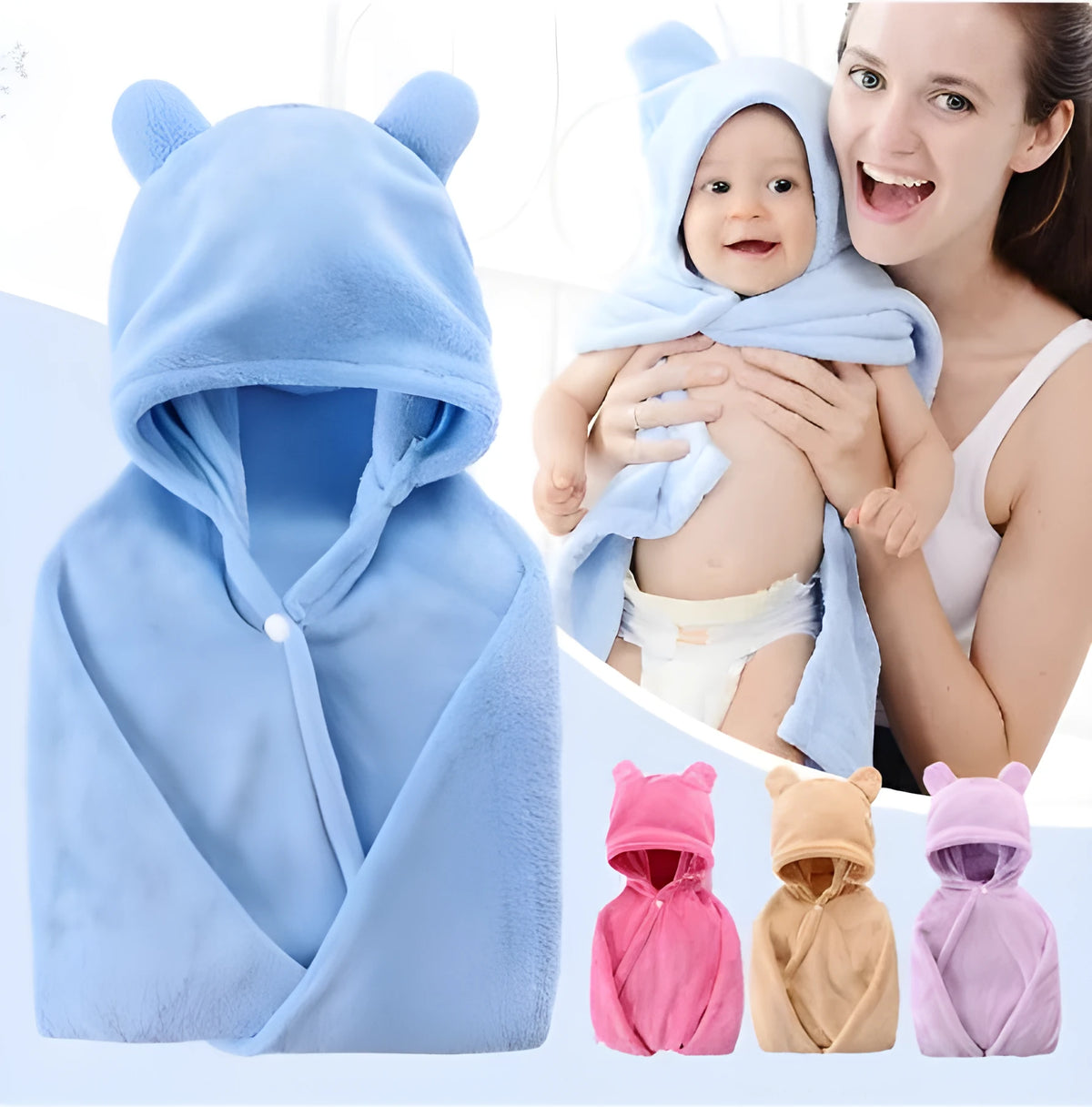 Blue hooded baby bath towel with dimensions 65cm by 110cm laid flat.