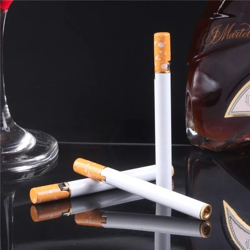 Metal cigarette shaped lighter showing exact cigarette scale and compact design